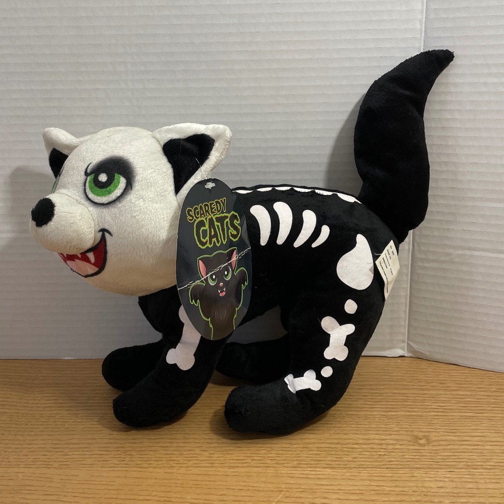 KellyToy Scaredy Cats Plush Black & White Skeleton Kitty Halloween Cat New w Tag
